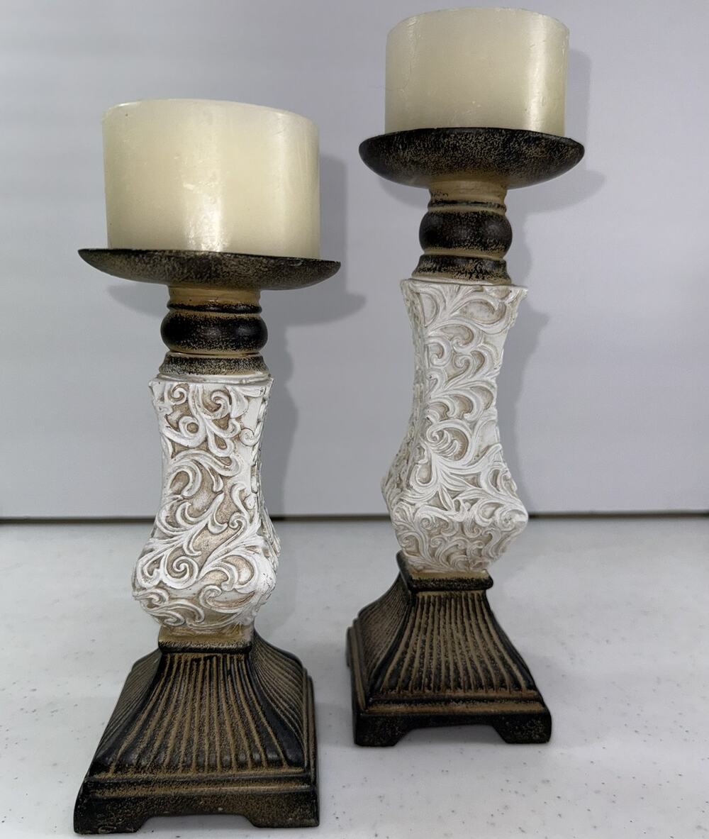 Ornate Pillar Candle Holders Set of 2 With Candles